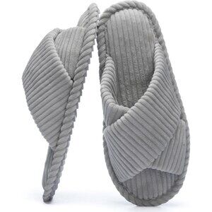 ⚡Women Light Grey Cotton Memory Foam Bedroom Corduroy Crossbands Open Toe Shoes